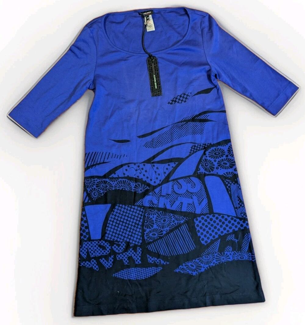 Miss Sixty Womens M Blue Black Graphic Dress Bodycon Long Sleeve Y2K Midi NWT
